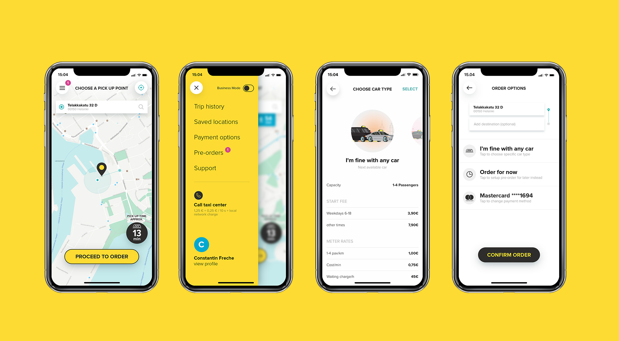 Map, Menu, Car Type Selector & Order Options